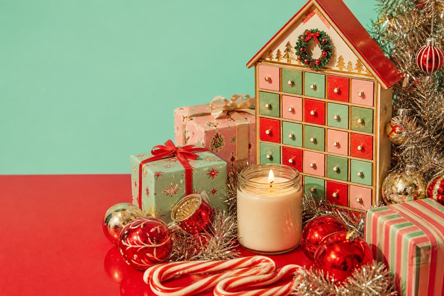 Red and gold baubles, a glowing candle and colourful wrapped gifts on a festive table