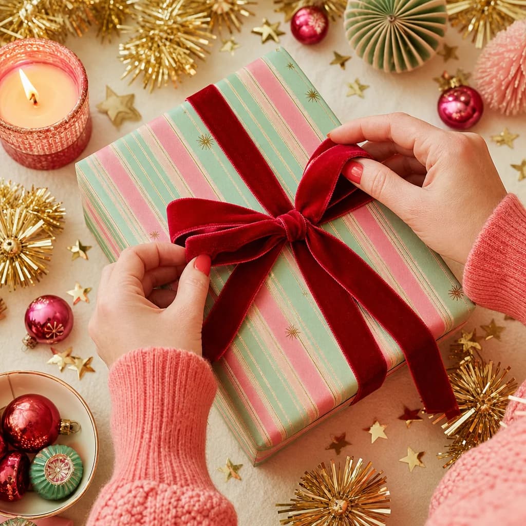 Hands tying a red ribbon on a gift wrapped in mint and pink striped paper